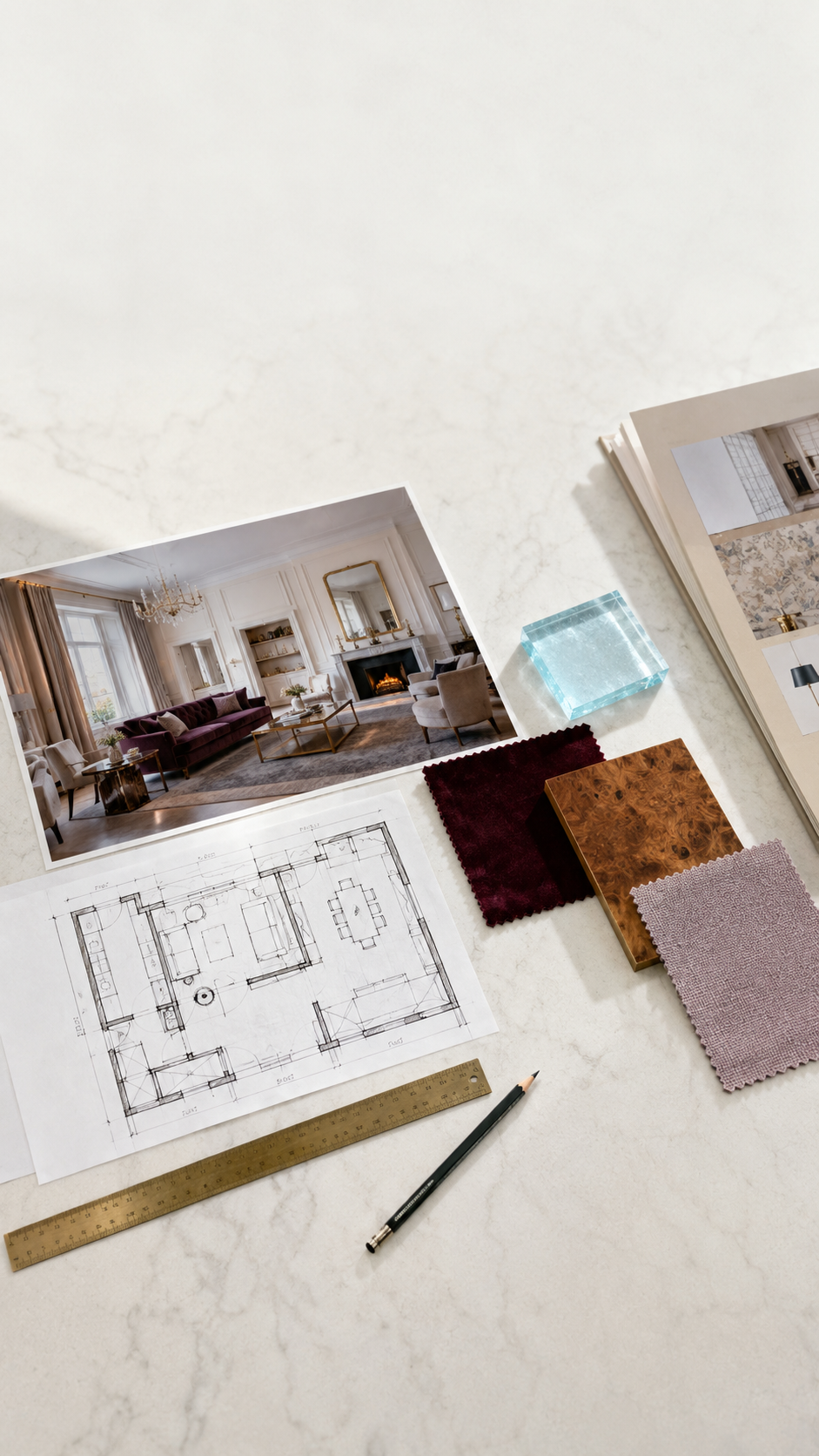 Interior designer worktable with plans and material samples