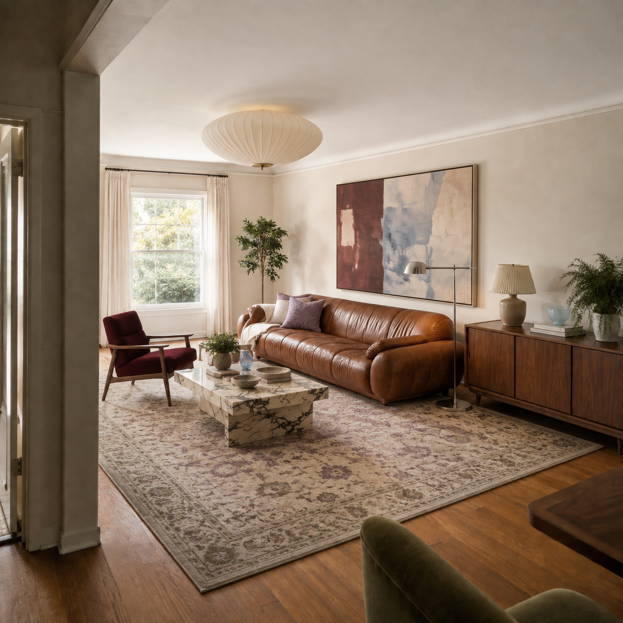 Layered living room with tobacco leather, oxblood velvet, walnut and sculptural lighting
